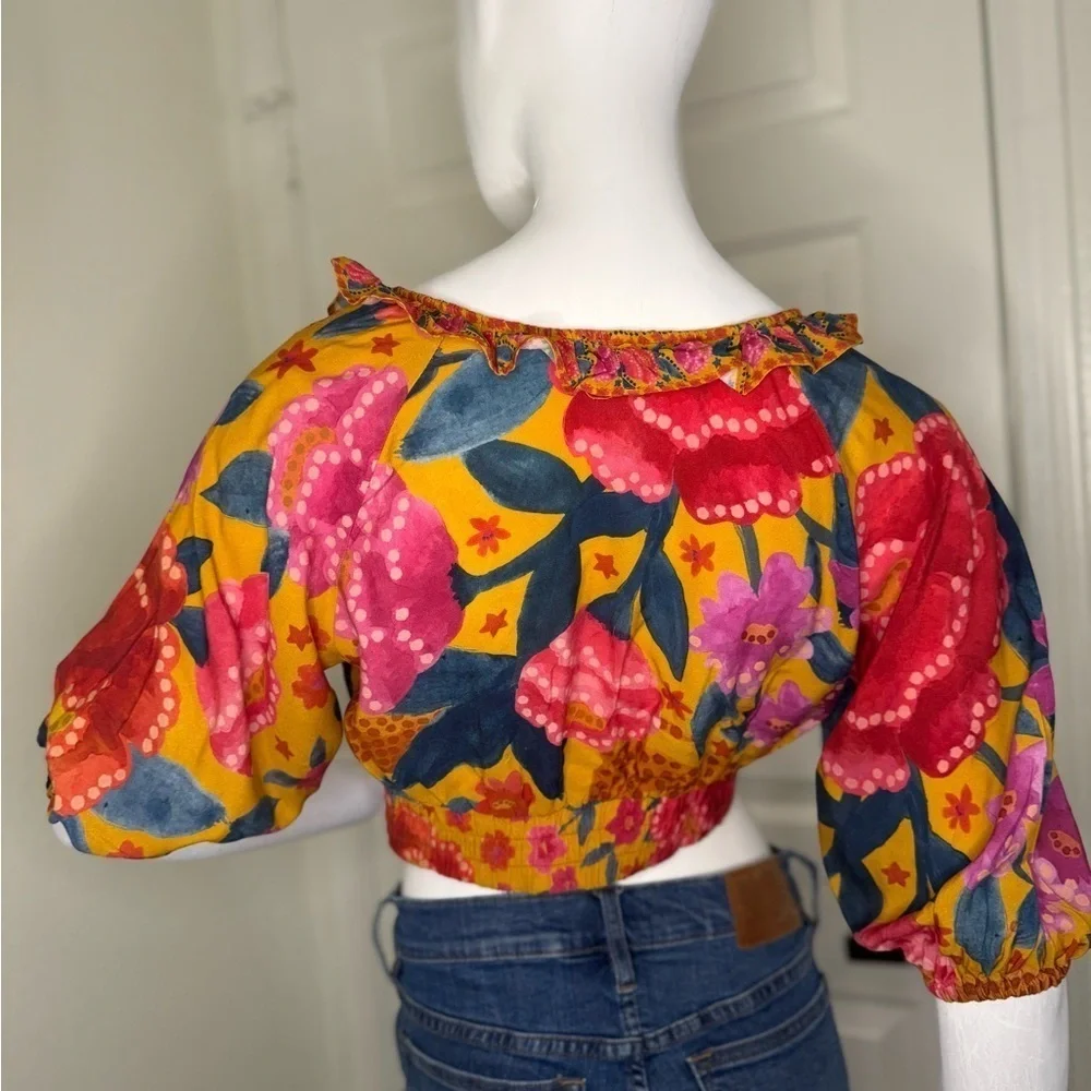 FARM Rio Floral Yellow and Pink Puff Sleeve Crop Blouse